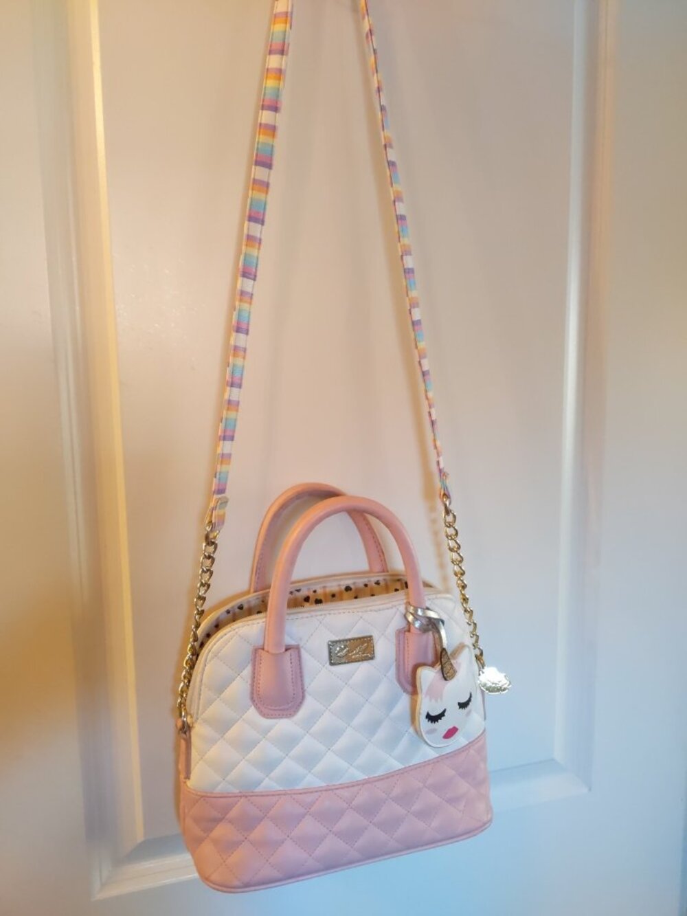 Luv by Betsey Johnson quilted white & light pink shoulder bag kitty cat unicorn